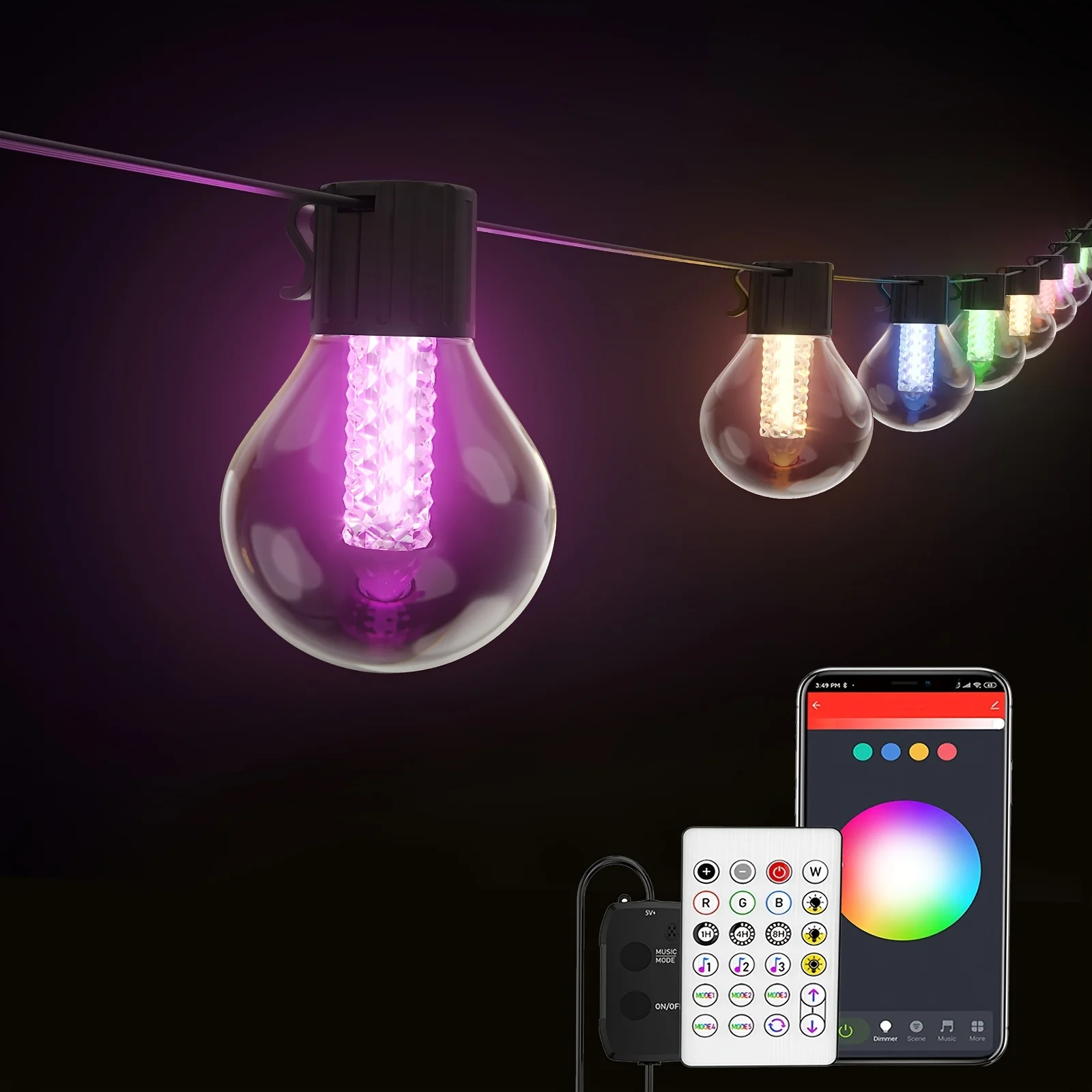 

Smart Outdoor String Lights, 24.6Ft RGBIC Patio Lights With 25 Dimmable LED Bulbs, IP65 Waterproof APP+Remote Control For Balcon