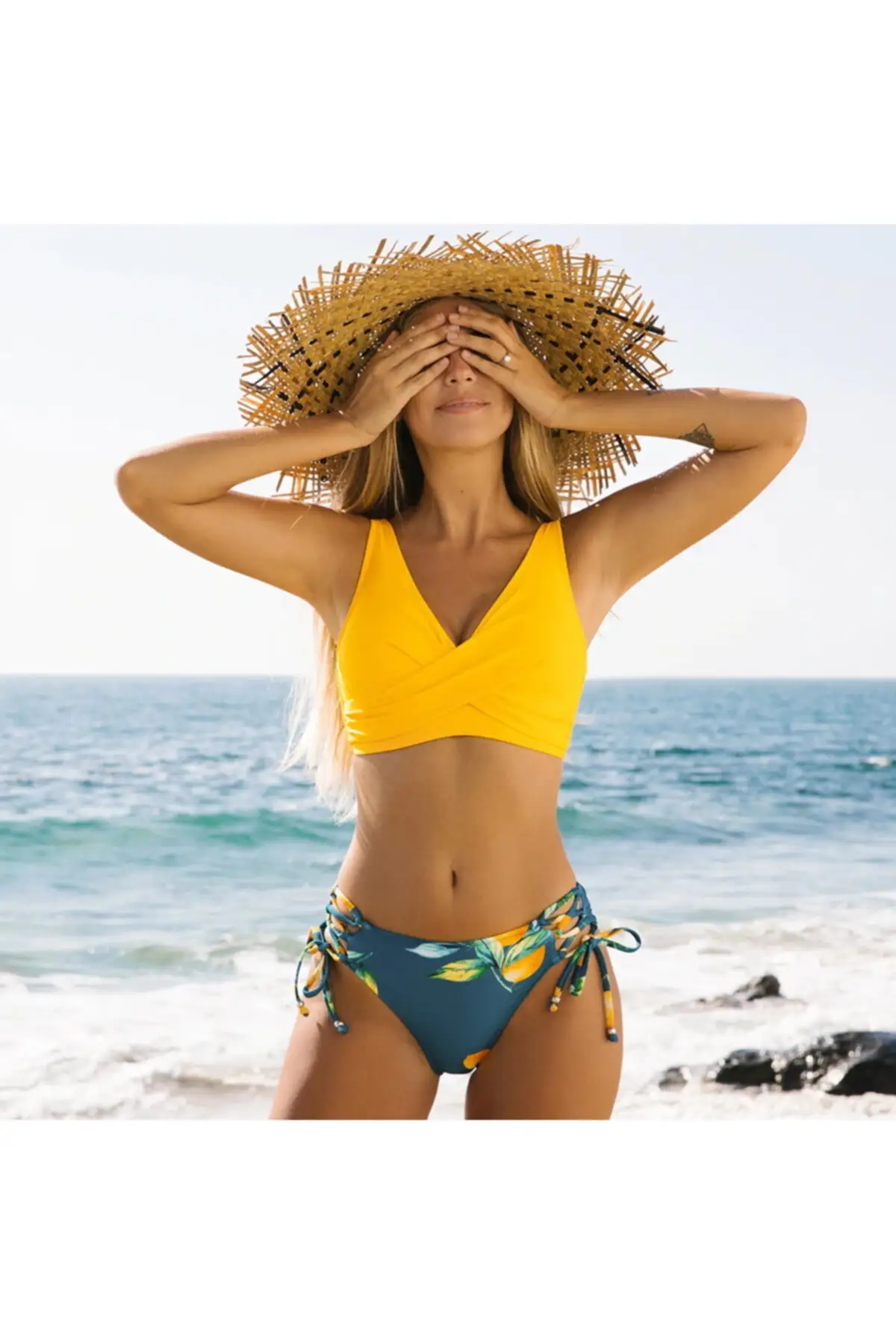 Women's Yellow Lemon Detailed Bikini Set Women Beach Fashion Summer Swimsuits Water Resistant Comfy Marine Clothing All Sizes