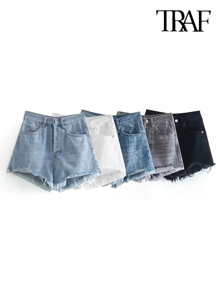

TRAF Women Fashion With Pockets Frayed Hem Denim Shorts Vintage High Waist Button Fly Female Short Pants Mujer