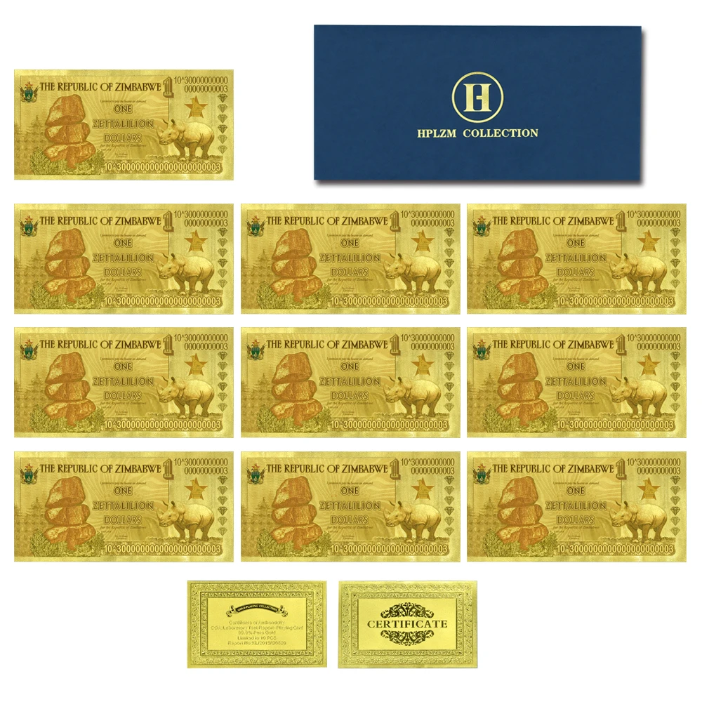 

10pcs/lot with Envelope Collection Gifts One Zettalilion Dollars Zimbabwe Gold Foil Banknotes Art Ornaments Home Decor Gifts