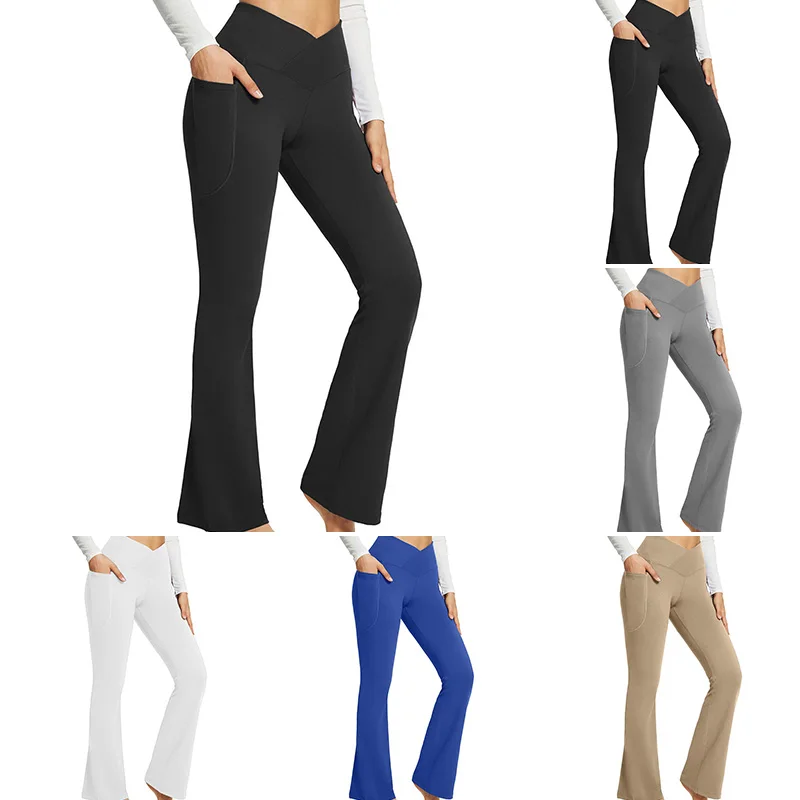 

Women Crossover Split Pants Bootcut Yoga Pants High Waisted Full Length Flare Workout Pants Bootleg Leggings with Pockets