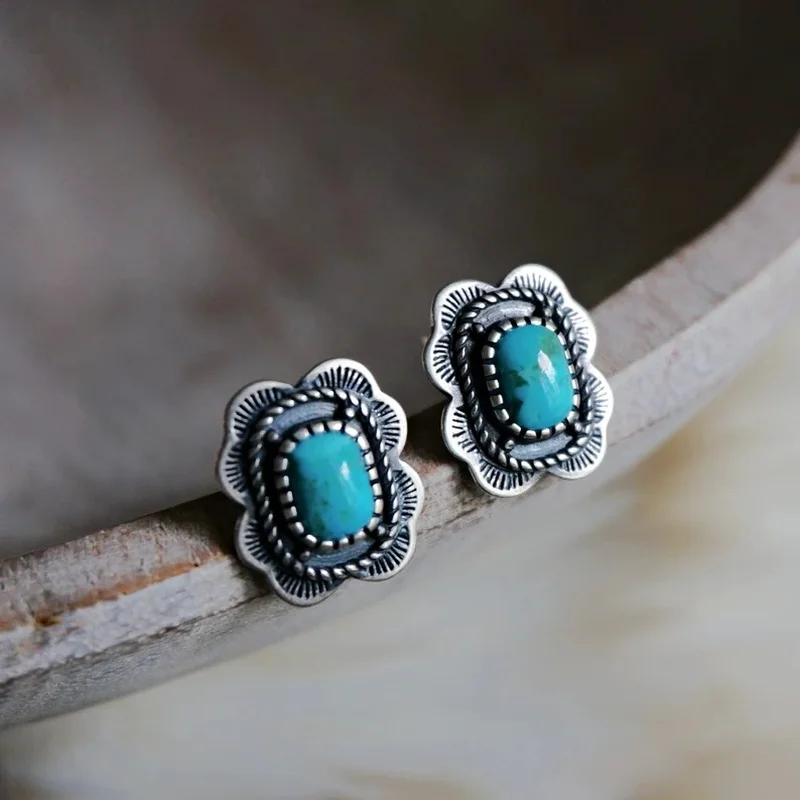 

Ethnic Square Turquoise Boho Earrings Vintage Silver Color Metal Carving Flower Shape Stud Earrings for Women Jewelry