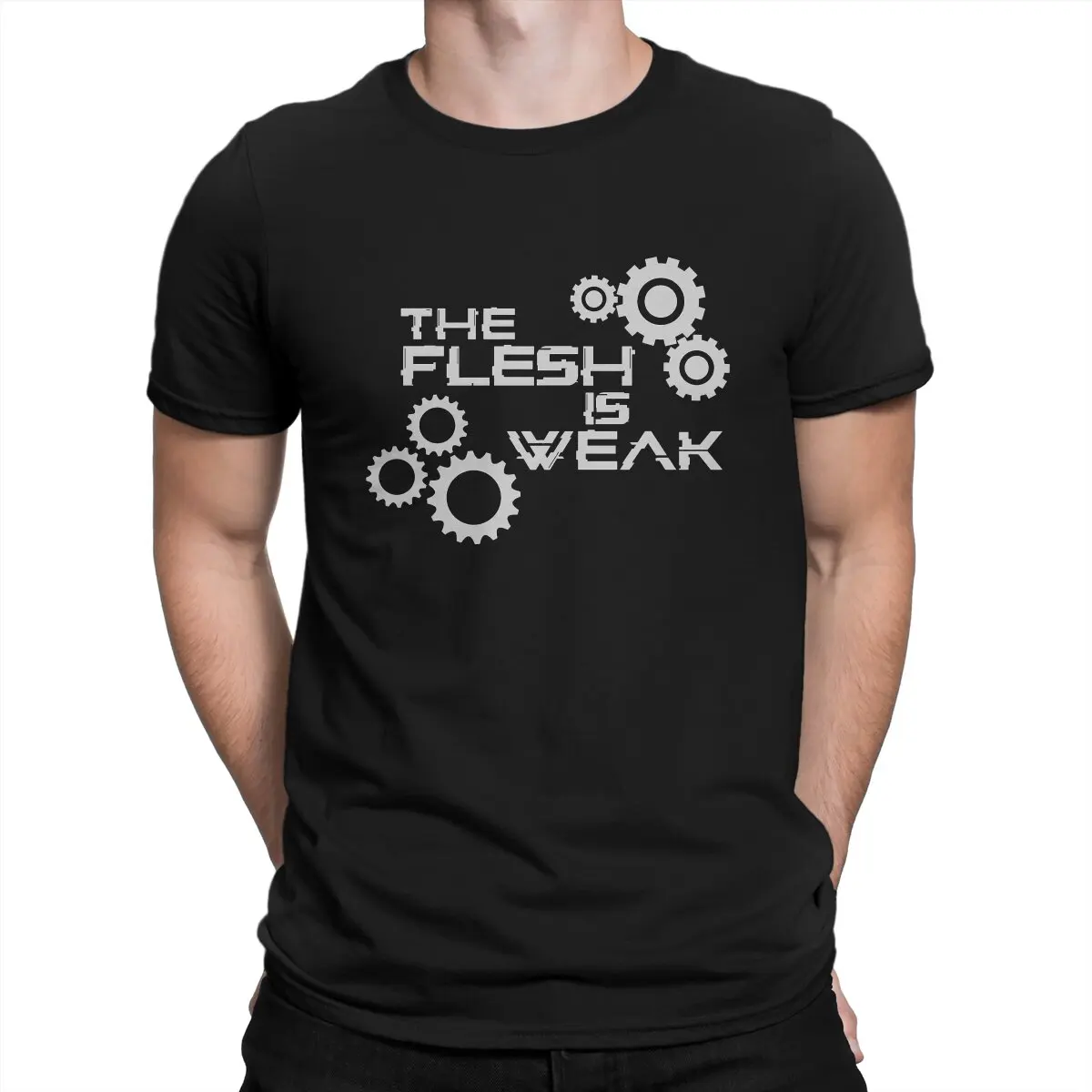 

Men T-Shirt The Flesh Is Weak Admech Print Humor Pure Cotton Tee Shirt Adeptus Mechanicus Game T Shirt Round Neck Tops