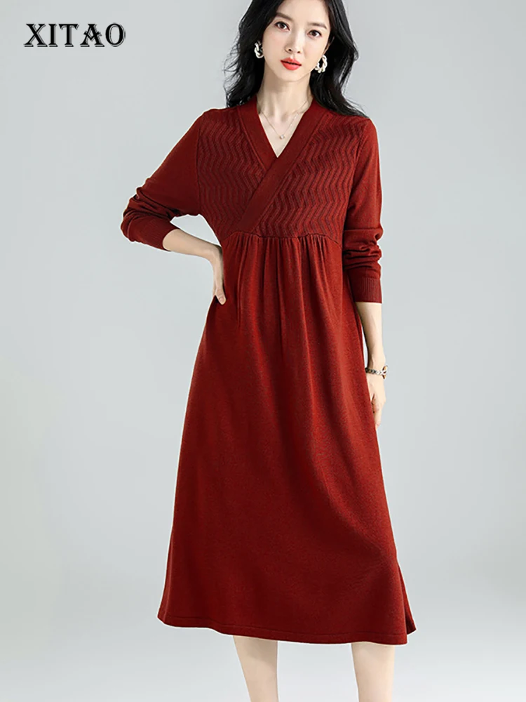 

XITAO однотонное вязаное платье, модное повседневное женское свободное винтажное платье-пуловер с v-образным вырезом и воротником, платье-сви...