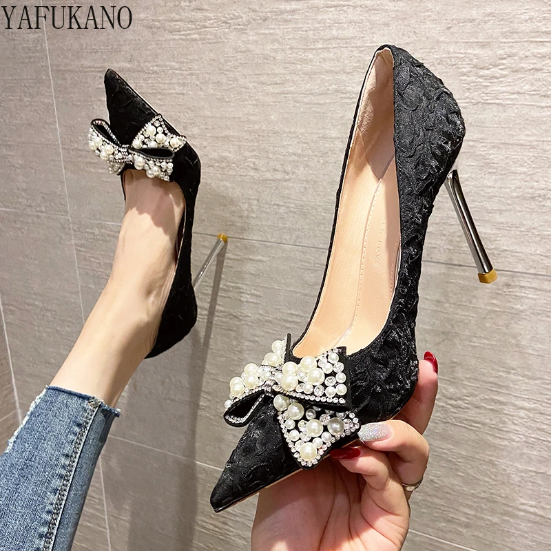 

Luxury Pearls Rhinestone Butterfly-Knot Bridesmaid Wedding Shoes Brand Design Sexy Elegant High Heels Thin Heels Party Pumps 9Cm
