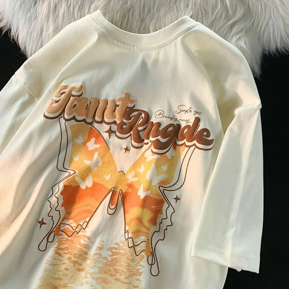 

American Fashion Butterfly Letter Tshirt Vintage Casual Short Sleeve O-Neck Oversized T Shirt Korean Loose Couple Kawaii Clothes
