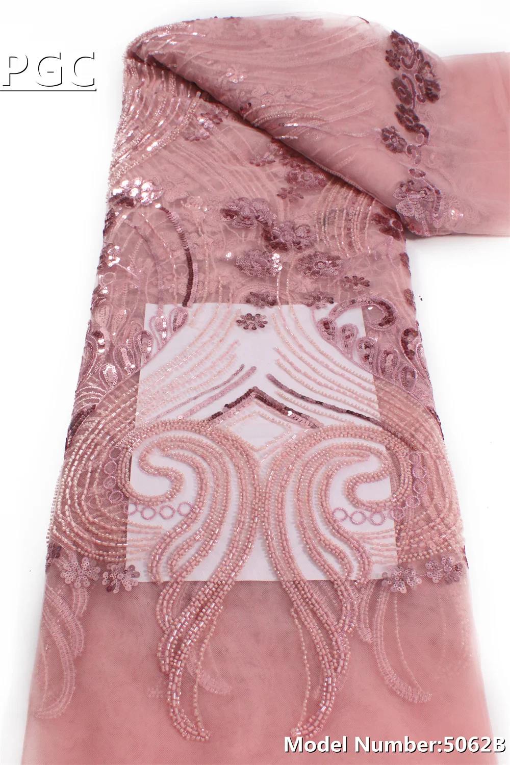 

PGC Heavy Beauty Pink Sequins Lace Fabric 2022 High Quality African Nigerian Lace Fabric Beads Lace Fabrics For Party 5062B