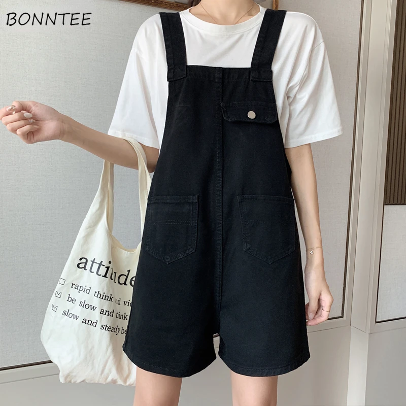 

Rompers Women Retro Solid Students Young Ins Fashion Chic Simple Casual Pockets Loose High Waist Ulzzang Design New Mujer Gentle