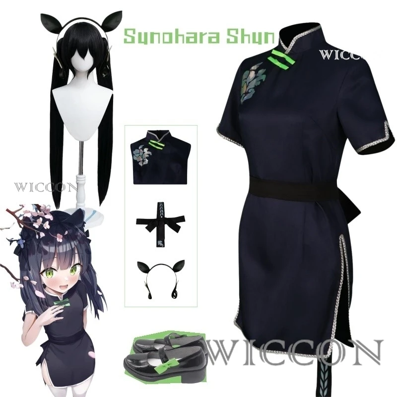 Аниме Синий Архив Косплей Sunohara Shun Chilhood Костюм Темно-Синее Платье Cheongsam Заколки