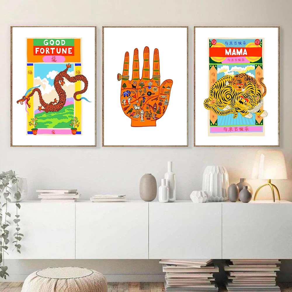 

Tiger Mama Cartoon Posters Animal Canvas Painting Nordic Wild Tiger Snake Abstract Hand Wall Art Print Pictures Kid Room Decor