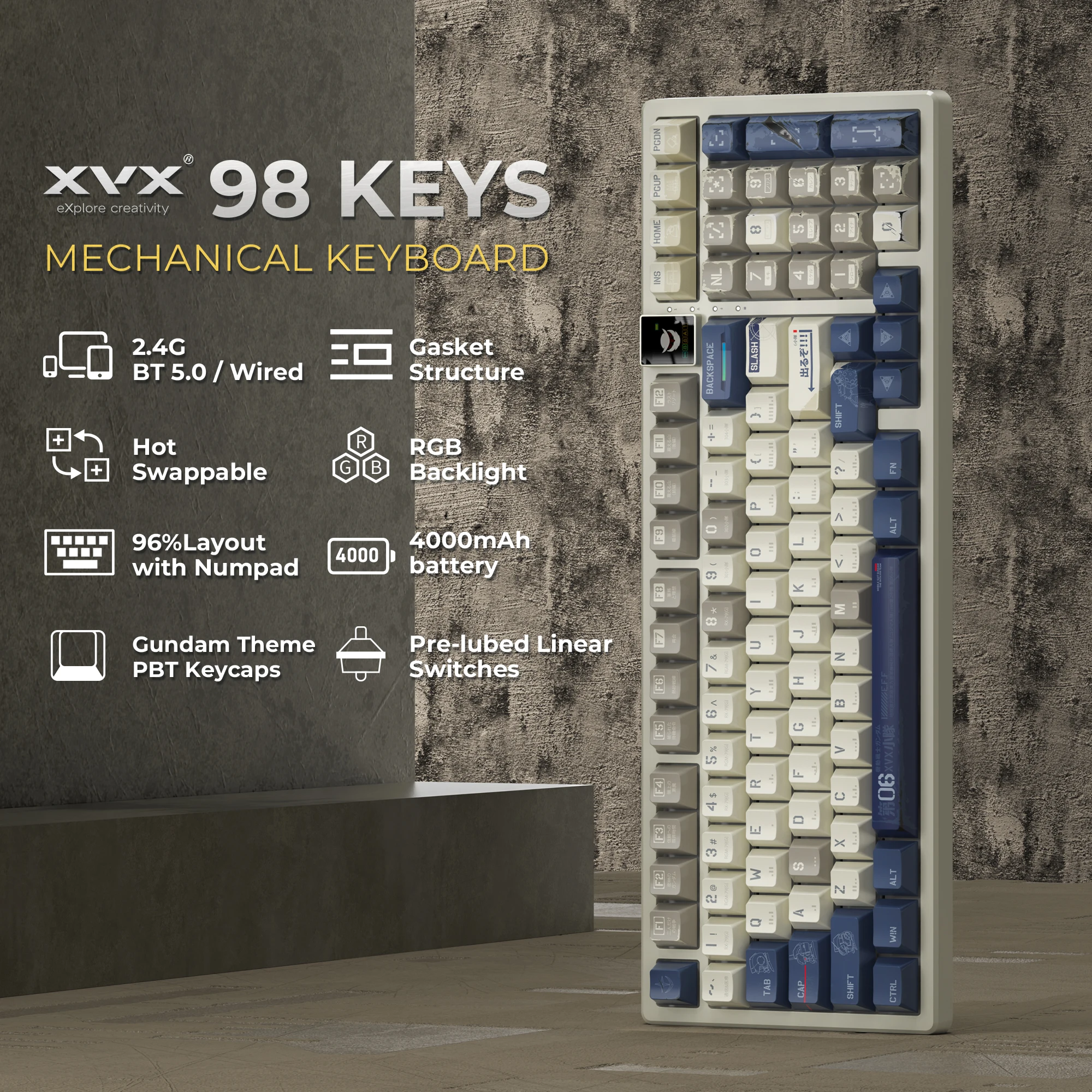 XVX K98 Трехрежимный интеллектуальный дисплей Механическая клавиатура Gundam SEED 2 4G
