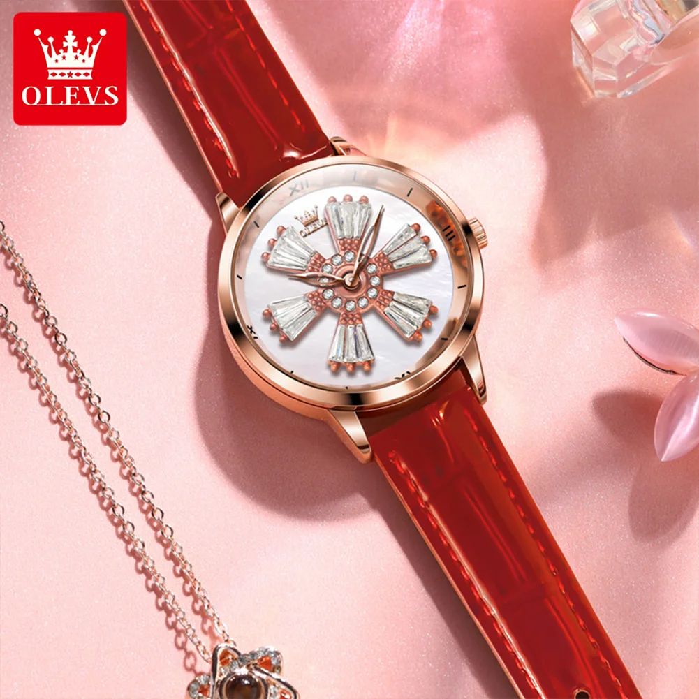 OLEVS Women Fashion Crystal Dial Can Be Rotated Quartz Watches for Ladies Bracelet Casual Leather Sports Watch Relógio Feminino