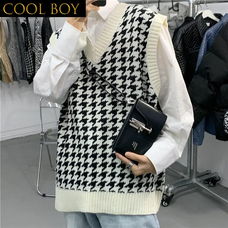 

J GIRLS Plaid Sweater Vests Men V-neck Teenagers Knitted Loose Trendy Korean Style Soft Casual Autumn High Quality Males Jumpers