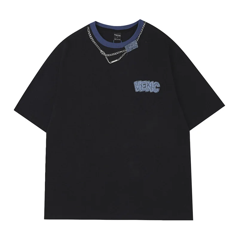 

Футболка мужская оверсайз с коротким рукавом, Повседневная рубашка с вышивкой надписью, с цепочкой на шею, в стиле хип-хоп, уличная одежда, лето 2023