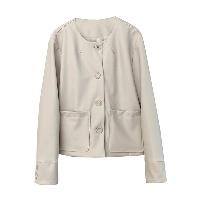 Pu Leather Jacket Women Black Soft Faux Leather Jacket Fashion Round Collar Leather Coats Female Bomber Solid Pockets Clothes