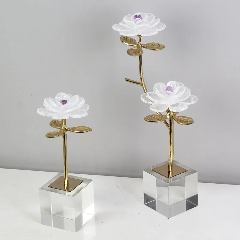 Brass Amber Branch Ornament Amethyst Simulation Flower Metal Branches Crystal Base Flowers Home Decoration