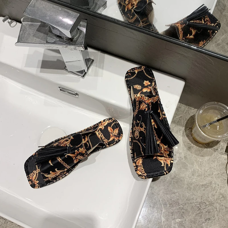 

Japanese Women's Slippers Summer Ethnic Pattern Fringe Flat Slippers Casual Fashion Comfortable Sandals Sandalias De Mujer