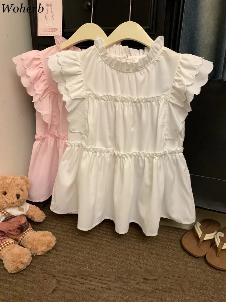 Женская блузка с оборками на воротнике милый укороченный топ в Корейском стиле