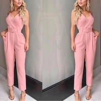 2022 summer women holiday casual sleeveless jumpsuits fashion ladies solid color bodysuit straight pink long pants trousers