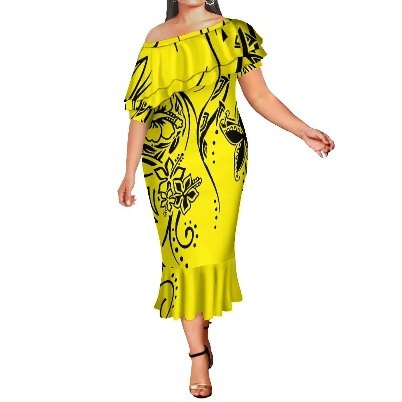 Polynesian Puletasi Ruffle Off Shoulder Dresses Women top and skirt Two Piece Sets Women Dress with Shawl Puletasi custom