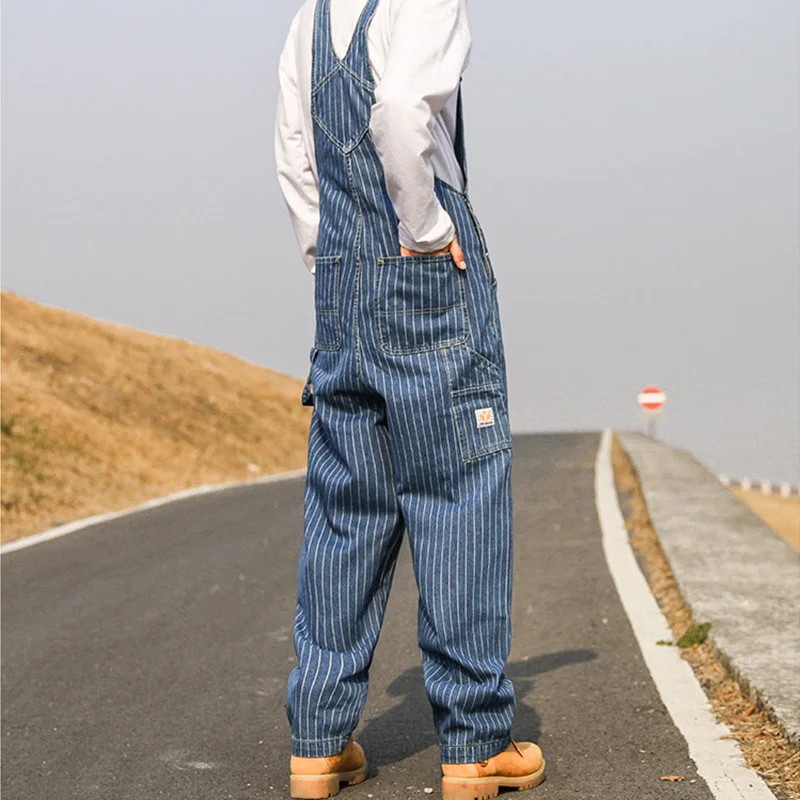 Strap Jeans Overalls Loose Wide-leg Pants Men Korean Straight Baggy Jeans Streetwear Men Full Length Striped Pantalones Hombre
