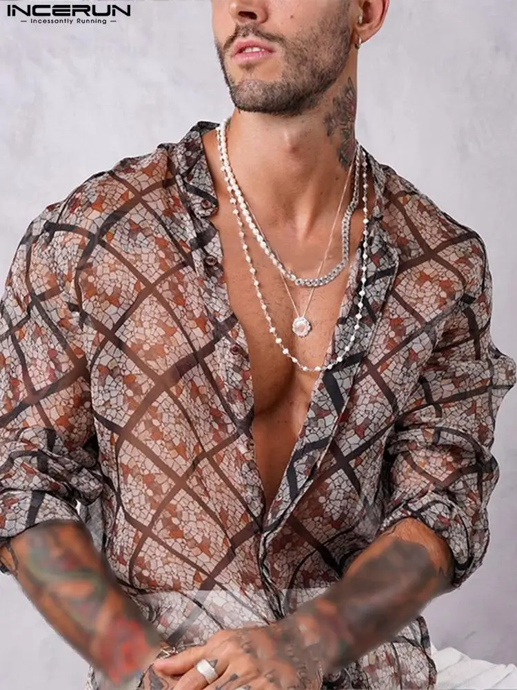 

INCERUN Men Printed Shirt Mesh Transparent Stand Collar Long Sleeve Streetwear Casual Men Clothing 2022 Fashion Camisas S-5XL