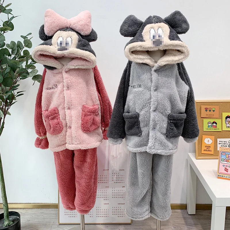 Winter thickened warm coral velvet children's pajamas girls cute cartoon hooded men's parent-child home clothes suit