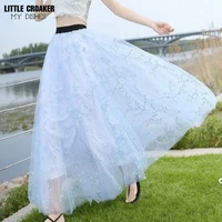 lace summer 3 layer embroidery floral long mesh maxi skirts women elastic high waist flower tulle skirts falda oficina mujer