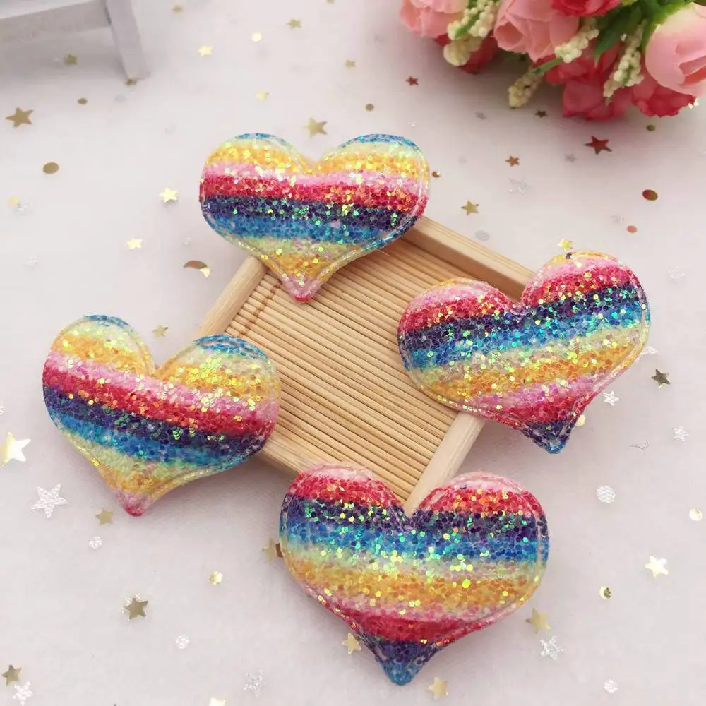 8pcs Glitter Bepowder Padded Fabric Pretty Rainbow Heart Appliques Wedding Patches DIY Hair Clip Accessories Craft Supplies