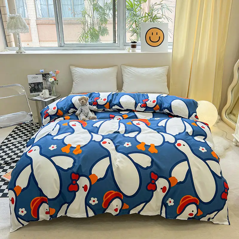 

3/4pcs Bed Set Queen King Size Blue Color Bedding Sets White Cartoon Goose Pattern Quilt Cover Sets Bedsheet Set Bedclothes
