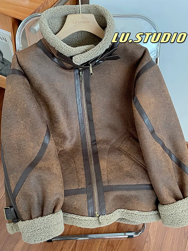 

Зимняя Женская Толстая теплая замшевая куртка из ягненка короткие мотоциклетные коричневые пальто из искусственной овчины кожаные куртки верхняя одежда