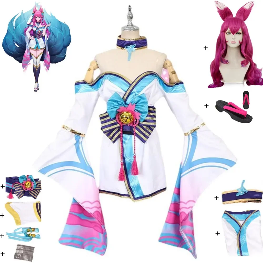 

Костюм для косплея Ahri из аниме «LOL», девять хвостов, искусственный цветок, обувь, платье для взрослых, костюм-кимоно для Хэллоуина, сексуальный женский костюм