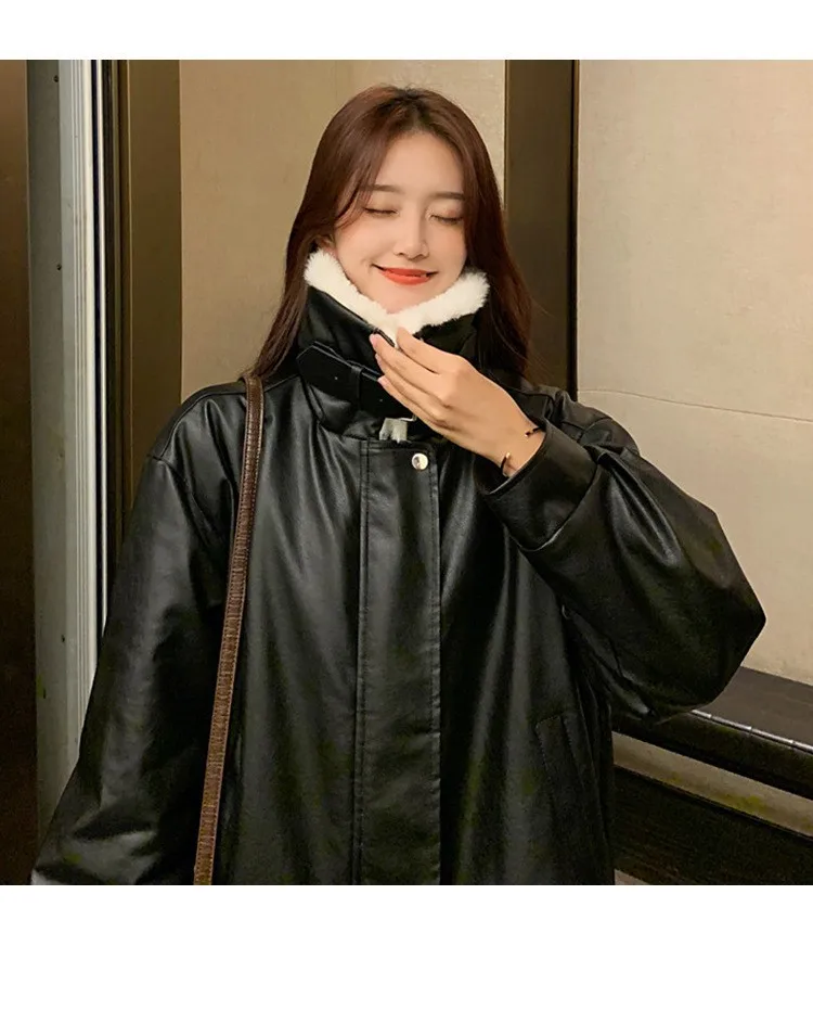 Winter Women's Thick Plush Loose Leather Coat, Fur Integrated Warm Leather Jacket In 2022  Winter Coat Women Korean Style