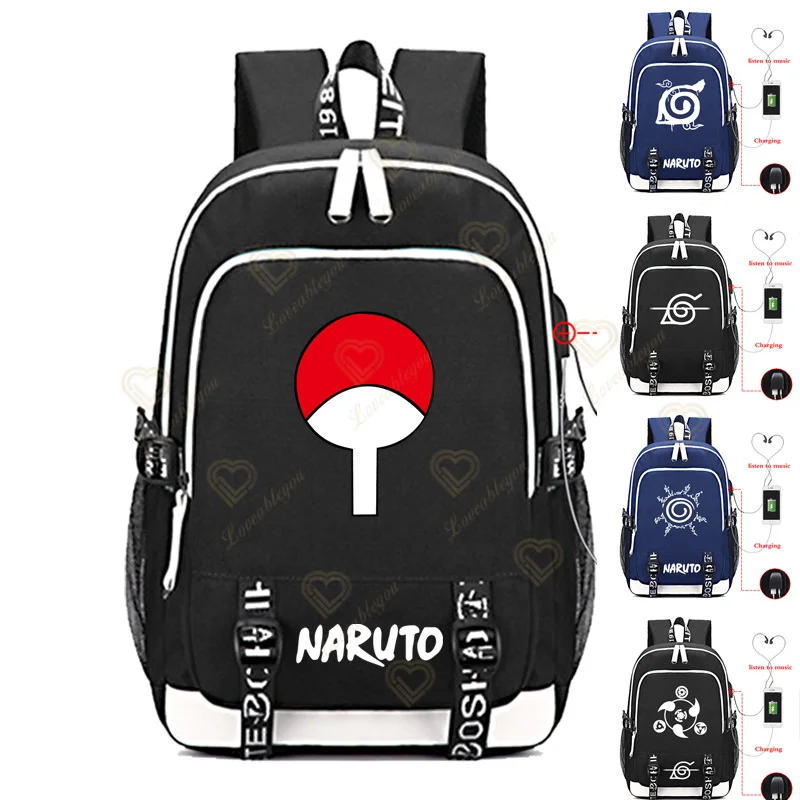 

Naruto Print Backpack Computer Black Blue School Bags for Teenager Girls Boys USB Earphones Cable Multifunctional Schoolbag