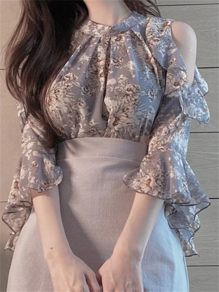 

2022 Off-the-shoulder Halterneck Floral Chiffon Shirt Spring Summer New Fashion Blouse Elegant Long Sleeve Clothing for Female