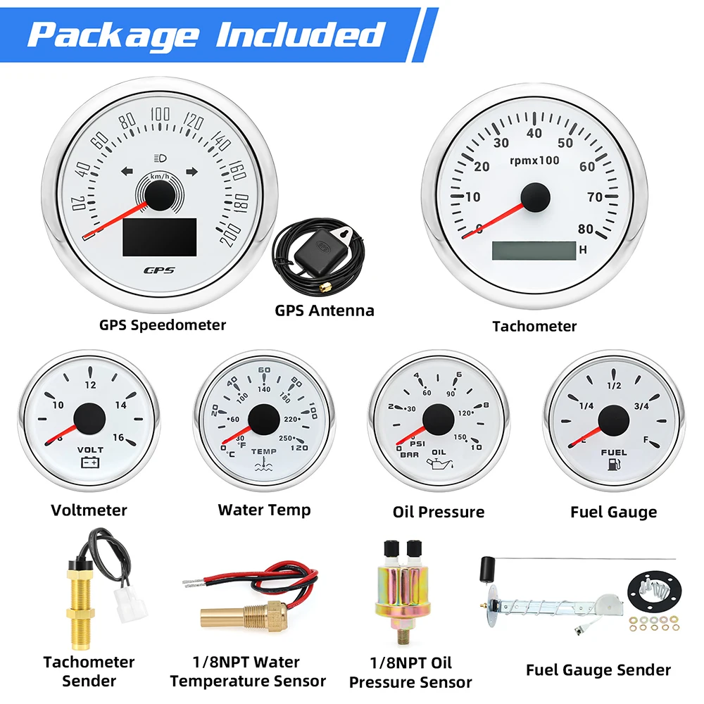 

6 шт. набор манометров 160MPH 200 км/ч GPS спидометр тахометр температура воды вольтметр топлива измеритель давления масла с датчиком для лодки автомобиля