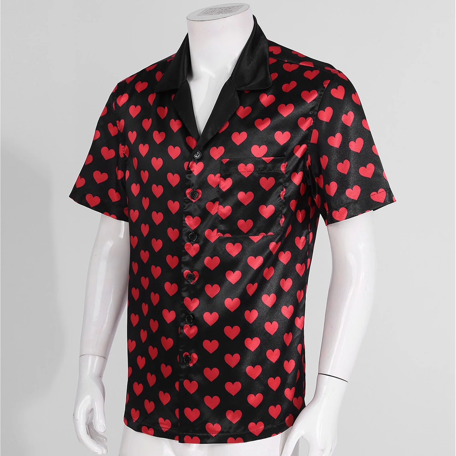 Men's Satin Nightgown Sleep Shirt Heart Printed  Silky Short Sleeve Button Down Pajamas Nightwear Pjs Homewear Loungewear