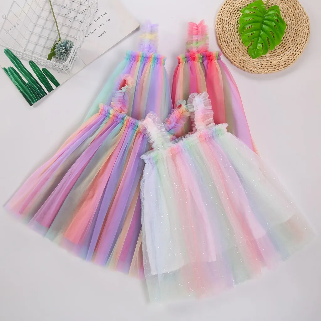 

Baby Girl Dress Rainbow Color Summer Pleated Toddler Suspenders Dress Baby Tutu Dresses Children Princess Clothes Vestido