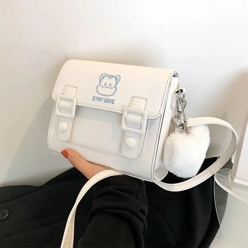 

Kawaii Cat Shoulder Bag for Women Embroidery Cartoon Solid Color Leather Crossbody Bag Female Summer Mobile Phone Package