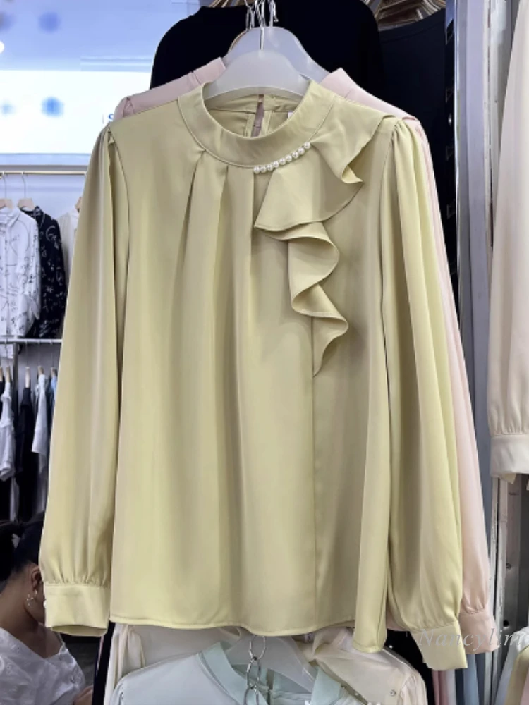 

OL Professional Socialite Temperament Long Sleeve Beaded Stand Collar Ruffle Loose Satin Shirt Women's Casual All-Matching Tops