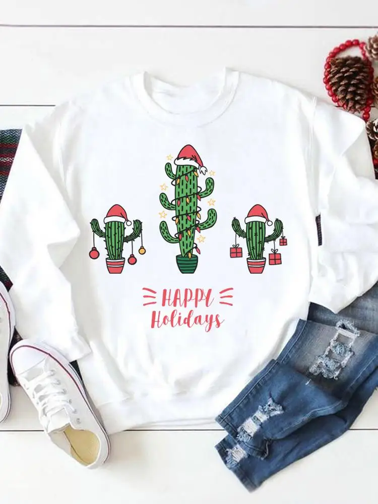 

Пуловеры с принтом, одежда для рождественских праздников, кактус, растение, милые буквы, модные повседневные женские свитшоты с графическим...