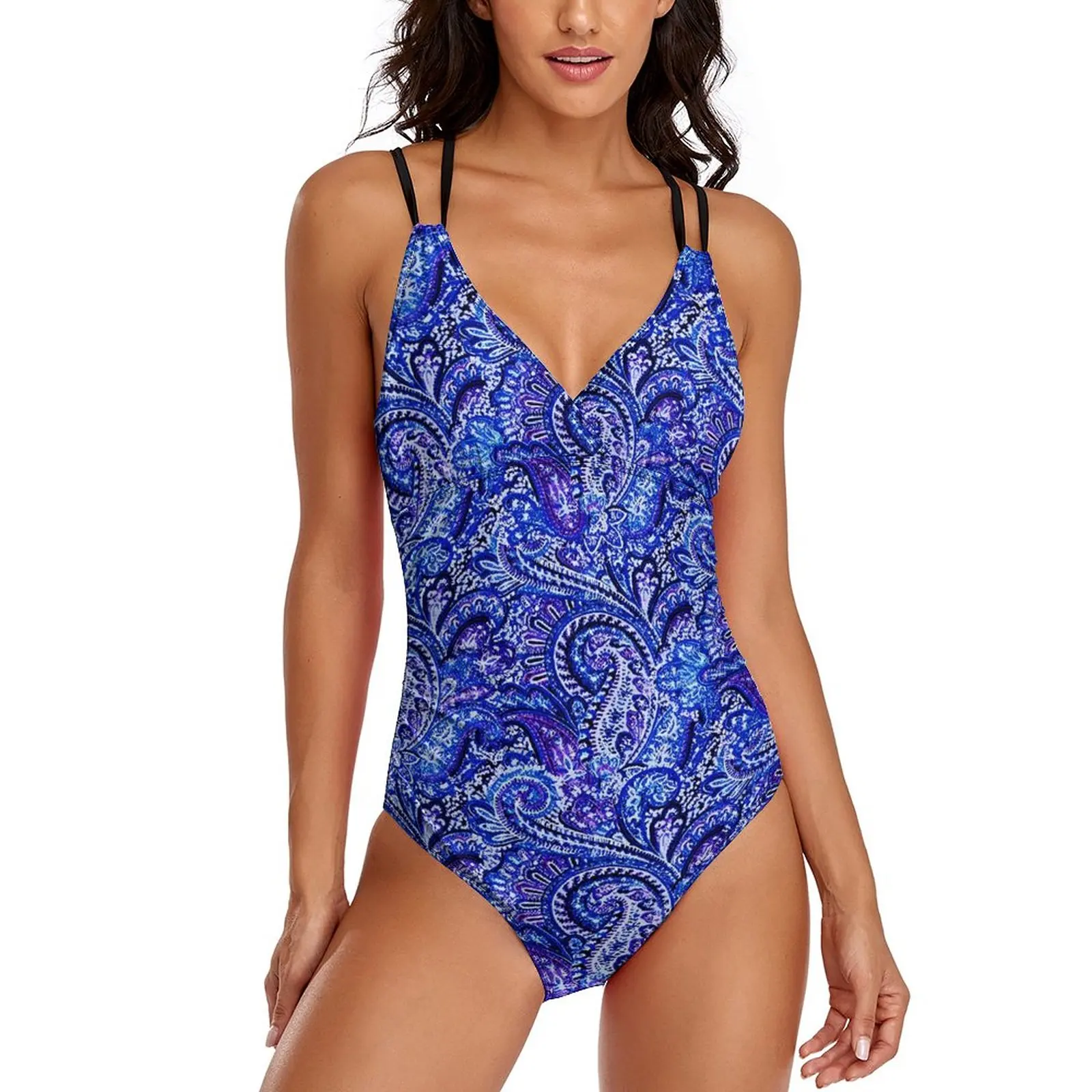 

Vibrant Blue Paisley Swimsuit Sexy Retro Print One Piece Swimwear Push Up Swimsuits Trendy Bathing Suit Birthday Gift