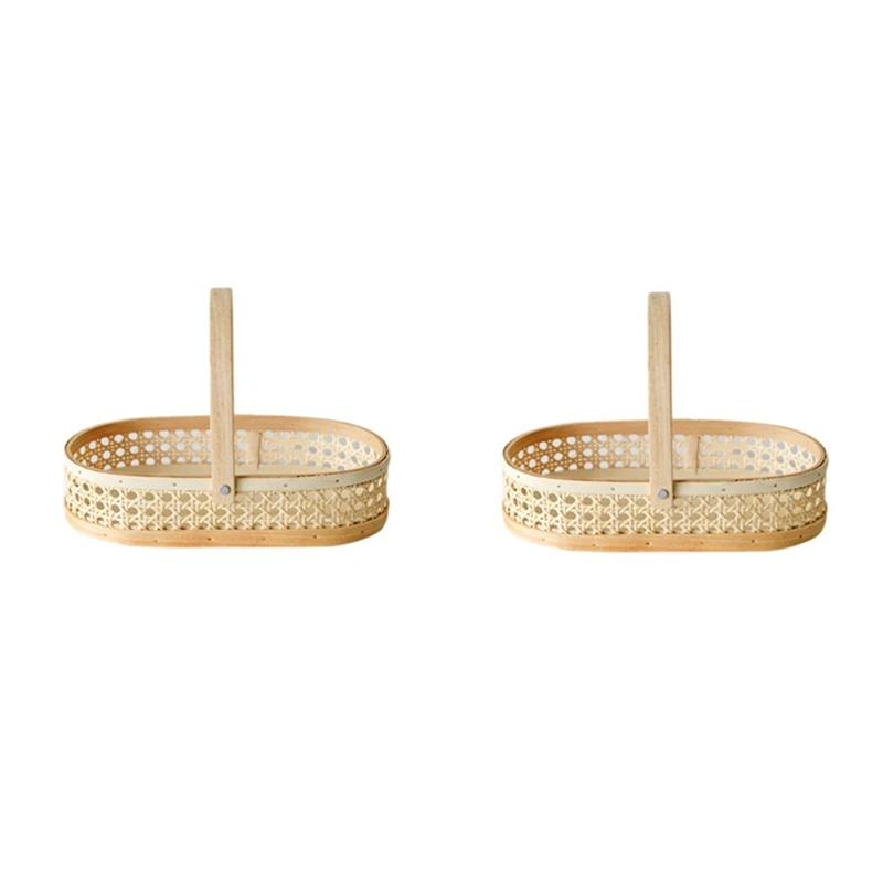

LBER Rattan Storage Baskets With Handle Farmhouse Rattan Woven Tray Bread Fruit Food Breakfast Display Basket For Home Decor