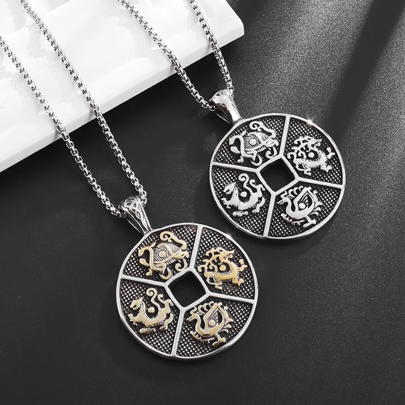 

Ancient Chinese Four Gods Beast Pendant Feng Shui Coin Brass Lucky Coin Necklace Good Luck Jewelry Birthday Gift