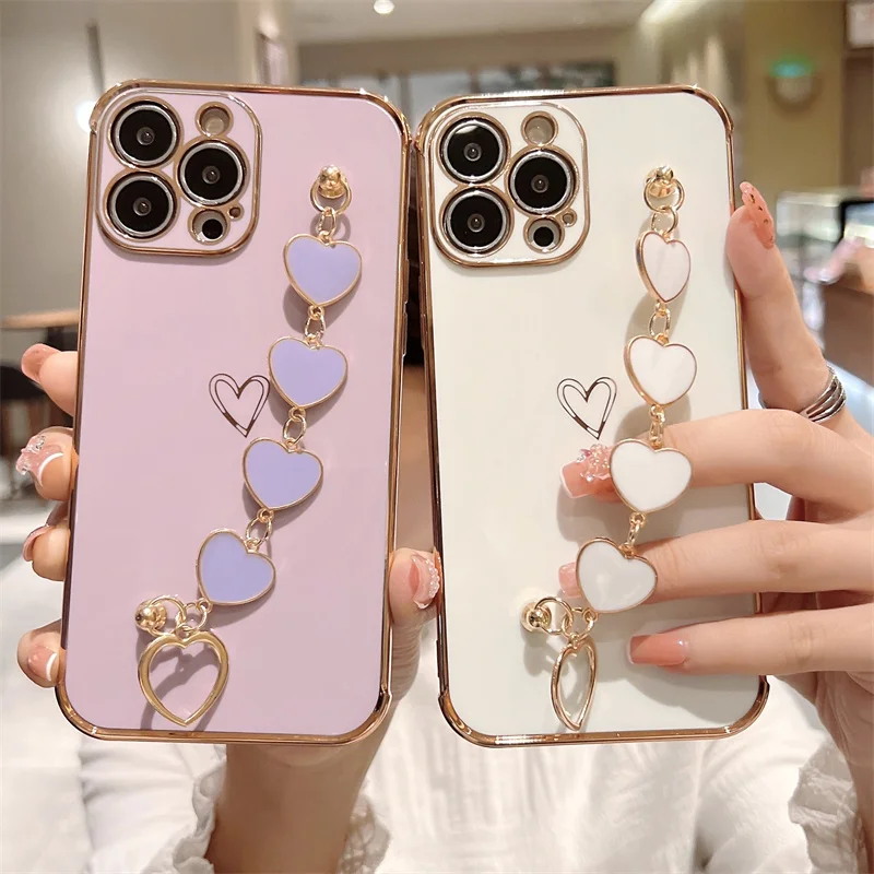 

Bracelet Heart Phone Case For iphone 13 12 Mini 11 Pro XS Max XR X SE 2 2020 3 8 7 Plus Plating Soft TPU Shockproof Back Cover