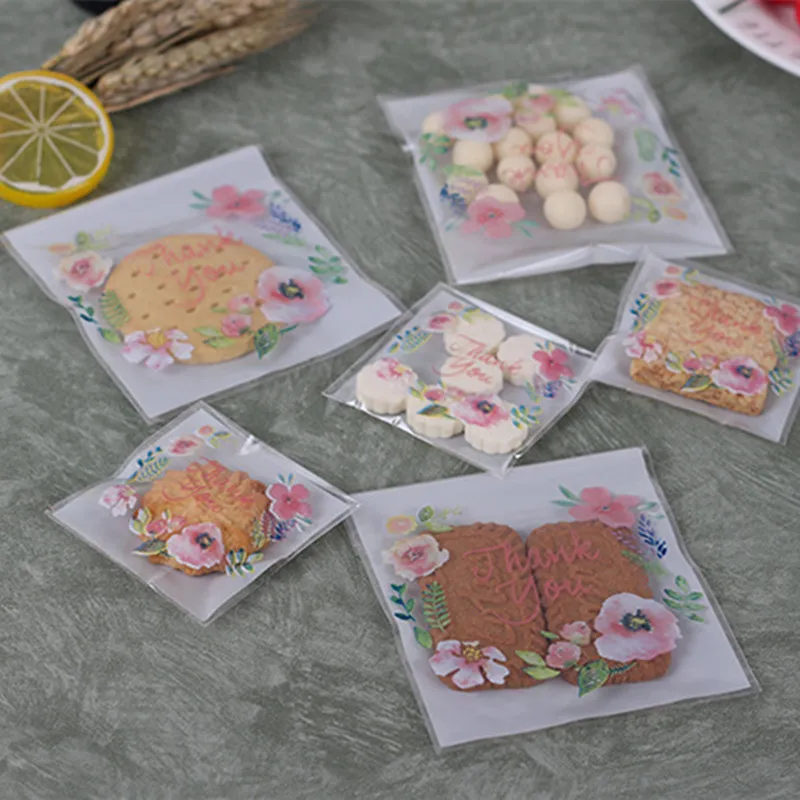 

100pcs Self Adhesive Cookies Candy Dragee Bags Flower Pattern Biscuits Snack Packaging Bag Wedding Party Gift Bag DIY Handmade