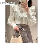 LYEEYNNR Харадзюку рубашка блузка женская с воротником-стойкой с длинными пышными рукавами с оборками офисные женские однотонные милые Блузы Mujer