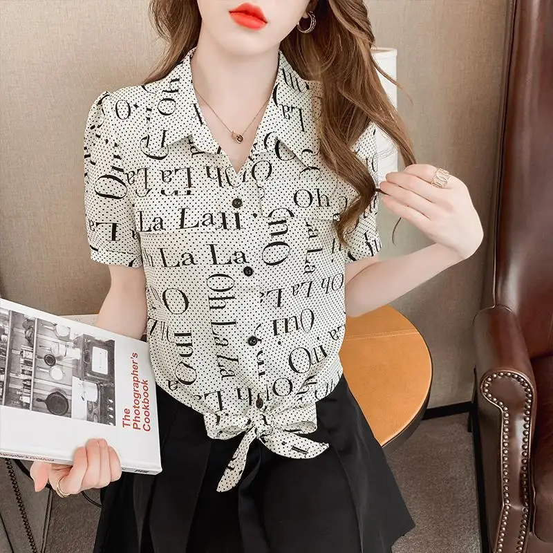 Рубашка-поло женская шифоновая однобортная на завязках с коротким рукавом