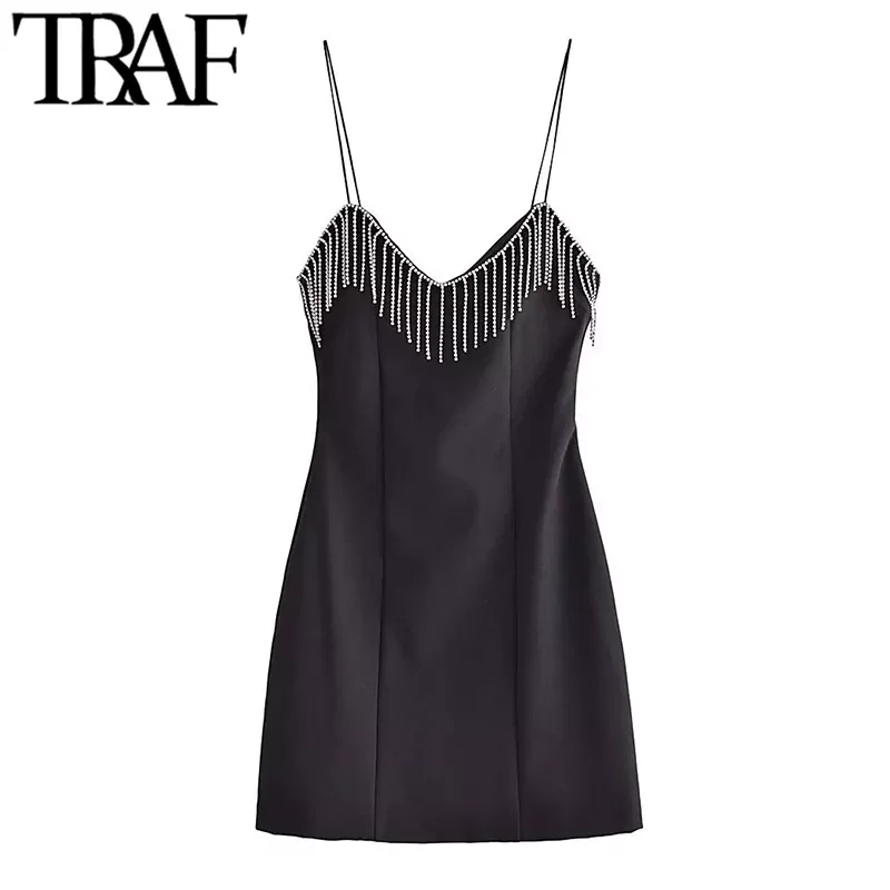 

TRAF Women Chic Fashion With Rhinestone Fringe Mini Dress Vintage Backless Zipper Thin Straps Female Dresses Vestidos Mujer