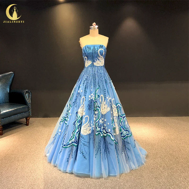 

1176 Hot Sale Strapless Blue Luxurious Beaded Swan فساتين مناسبة رسمية formal occasion dresses robes de soirée evening dresses